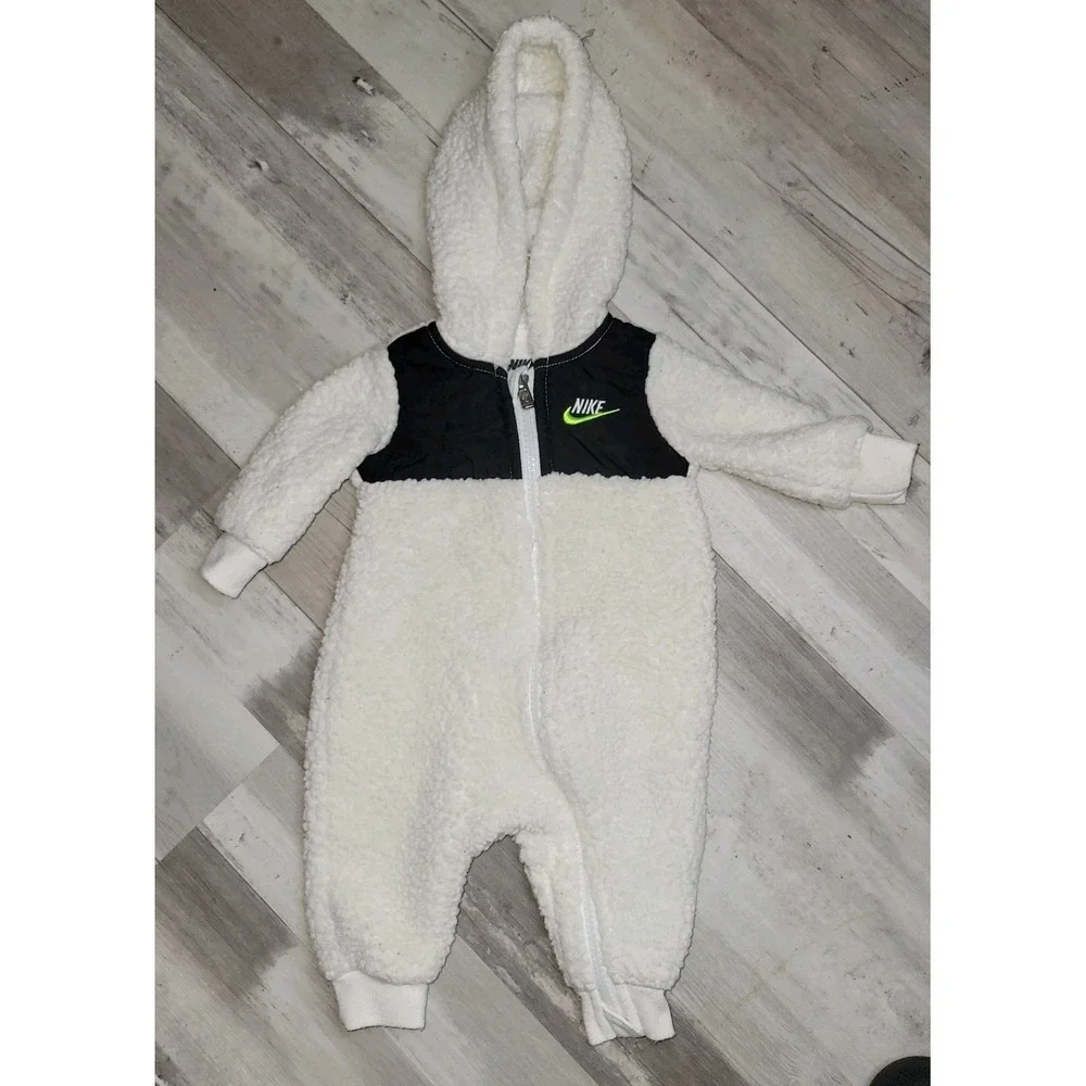 Nike‎ Baby Sherpa Fleece Hooded Jumpsuit White Black Neon Green 3M 56-62cm
